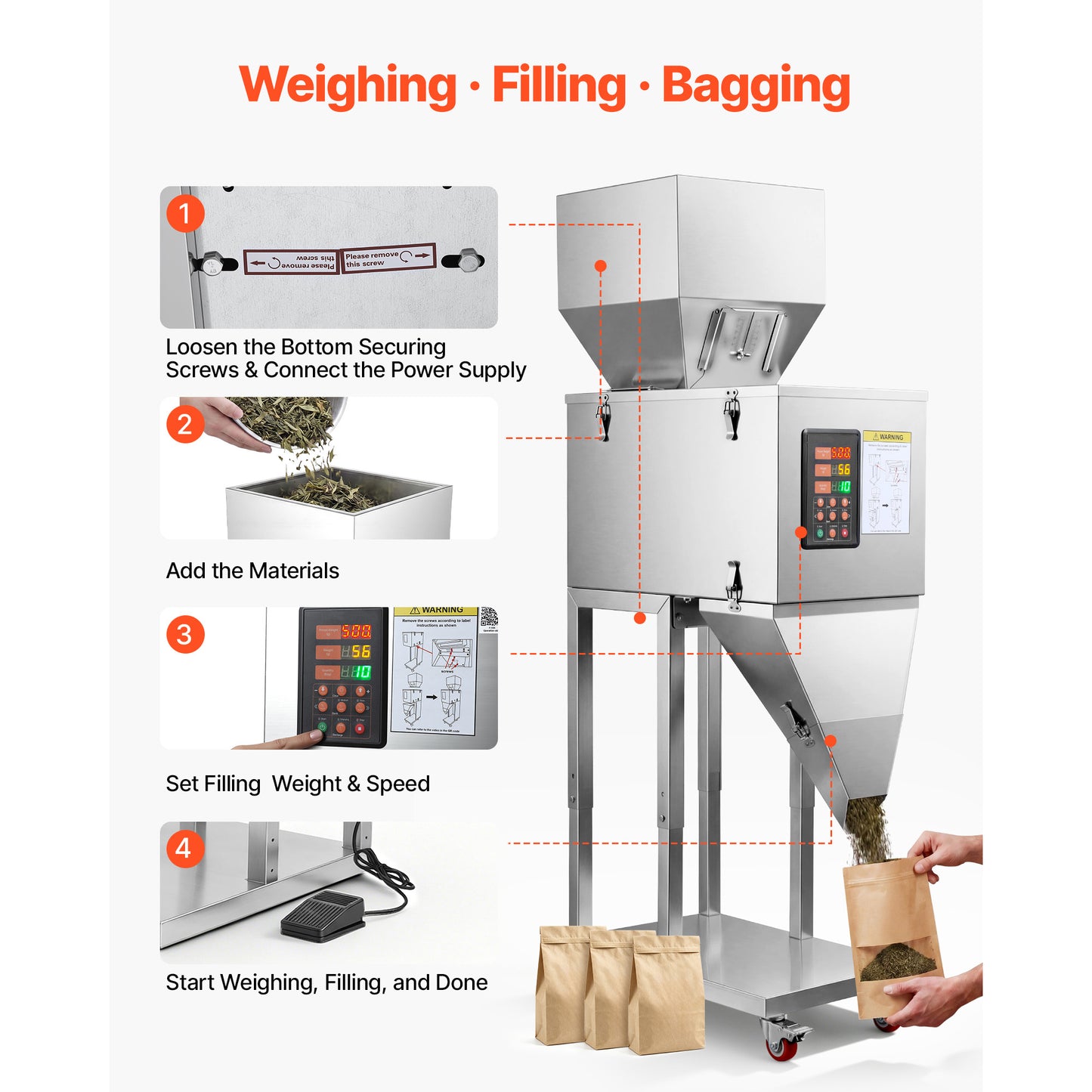 Automatic Powder Filling Machine 10-999g Stainless Steel Dispenser for Coffee Beans & Spices