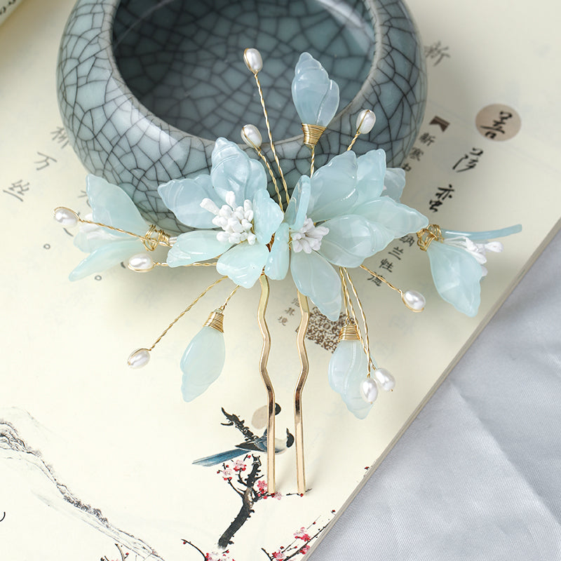 Hanfu Hair Comb - Fairy Flower Hairpin with Gemstone Inlay