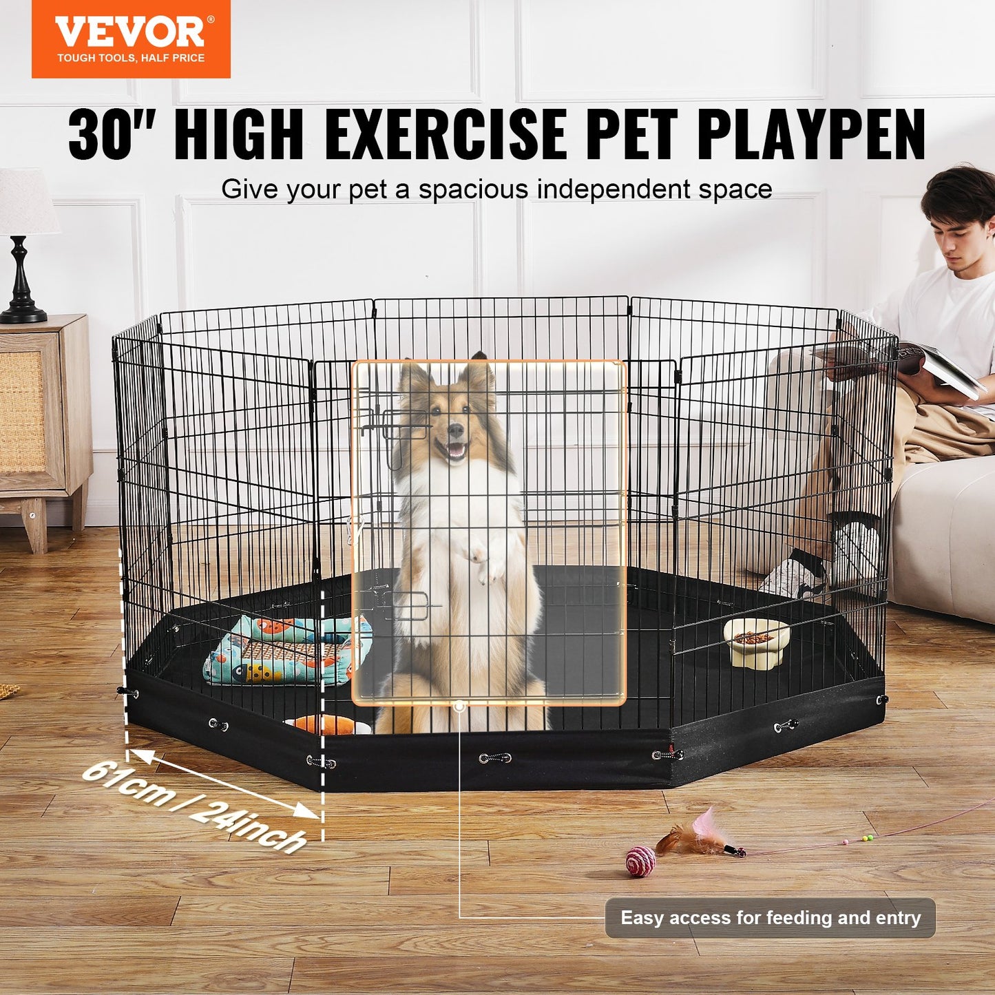 Foldable Metal Dog Playpen 8 Panels with Bottom Pad 30-Inch Height - Black