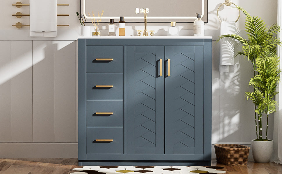 36-Inch Blue Bathroom Vanity with Ceramic Sink & Storage Cabinet