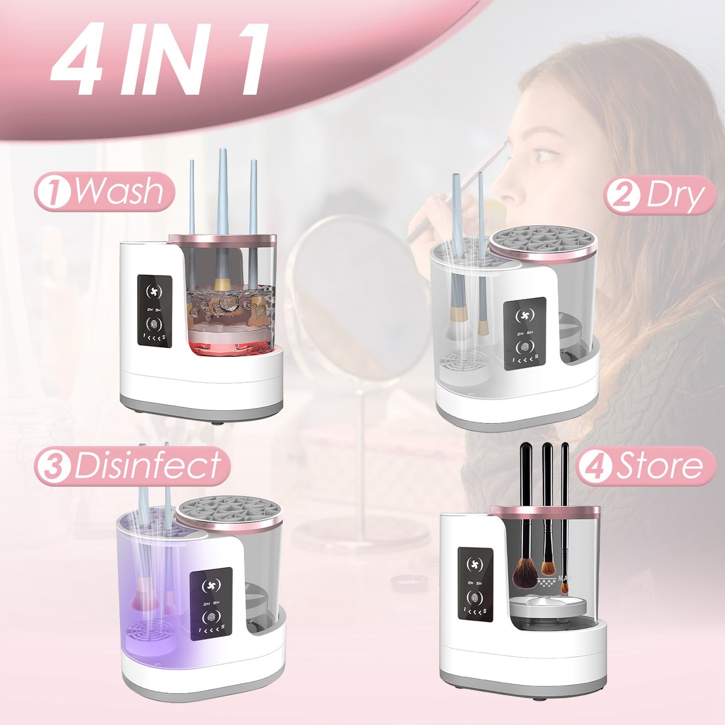 4-in-1 Automatic Electric Makeup Brush Cleaner & Dryer with UV Disinfection