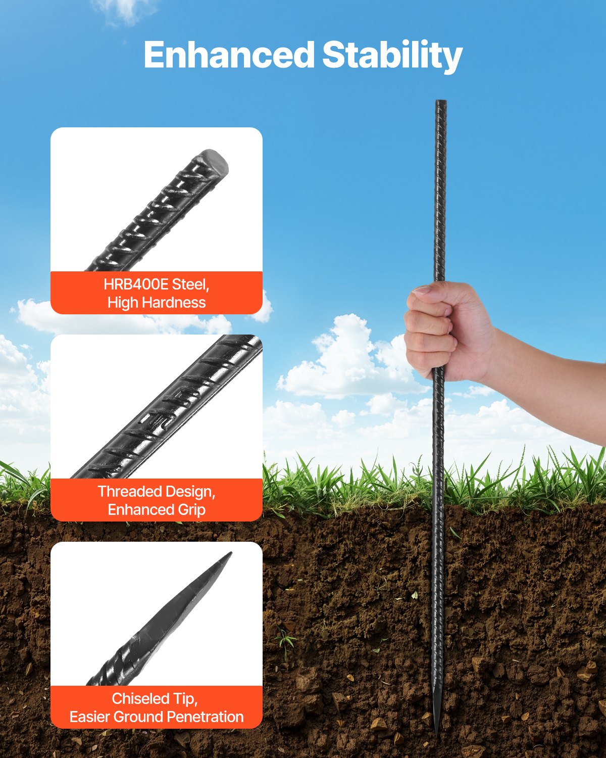 Heavy Duty 16-Inch Galvanized Steel Rebar Stakes - 16 Pack Ground Anchors