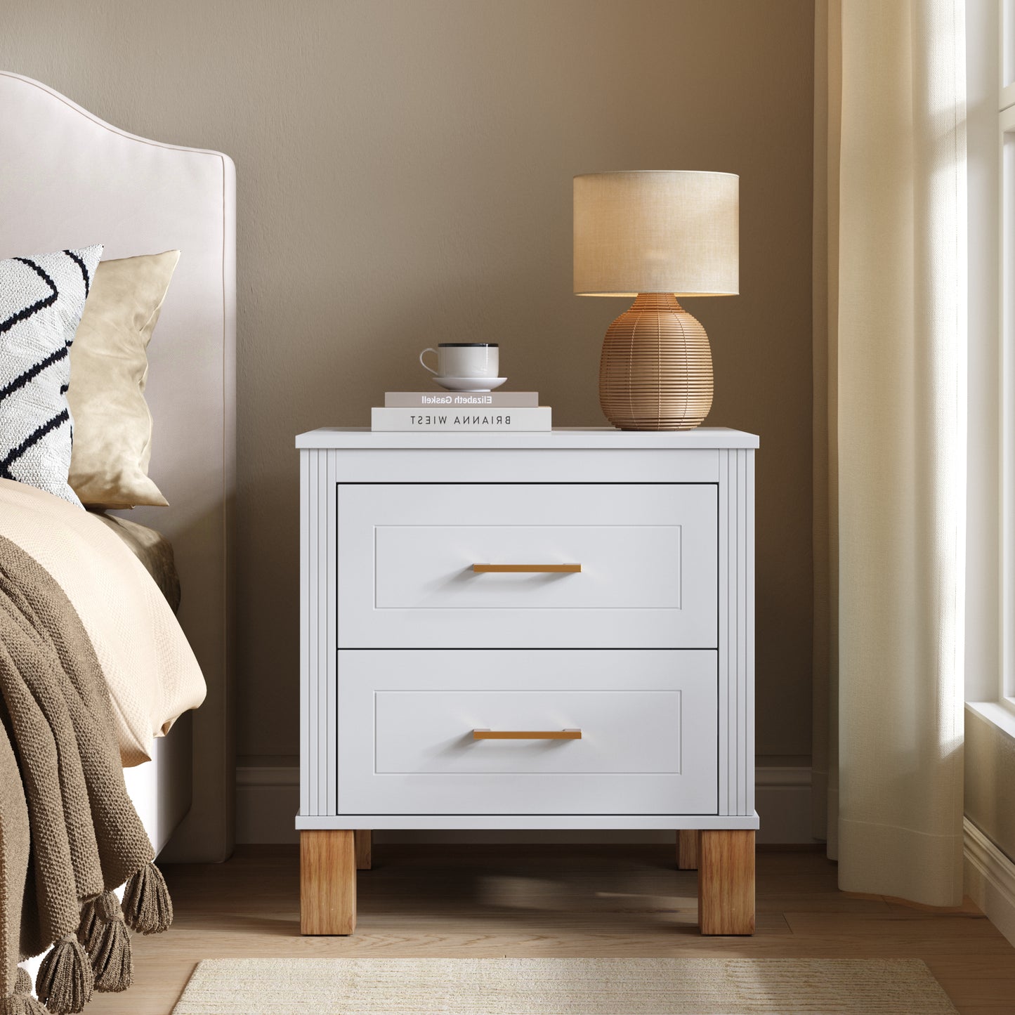 2 Drawer Nightstand with Elegant Fluted Design - White