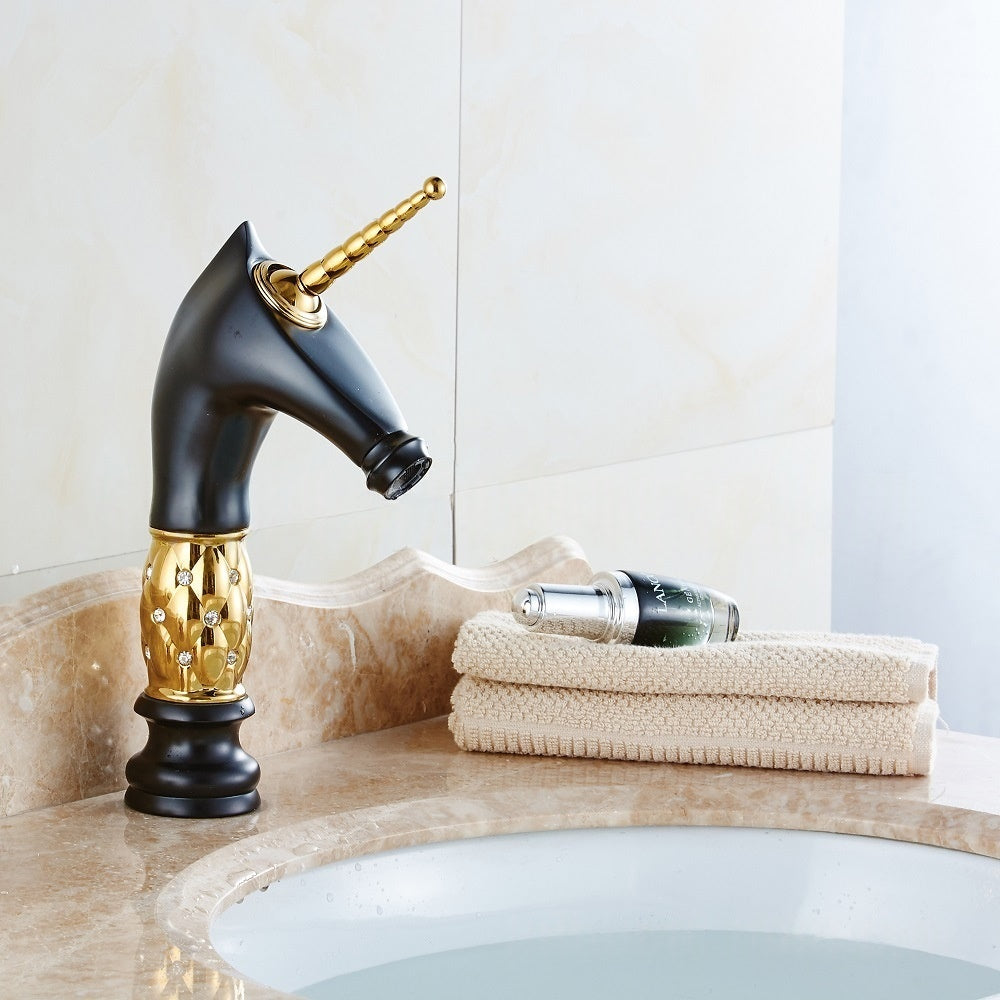 Copper Gold Horse-Head Basin Faucet with Diamond Accents - Light Luxury Bathroom Tap
