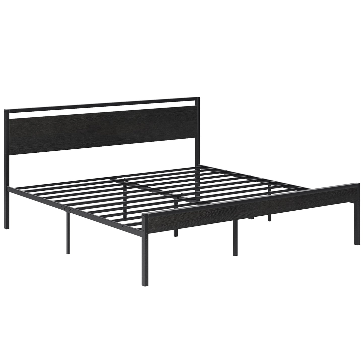 Heavy-Duty Metal Platform Bed with Wooden Headboard and Storage