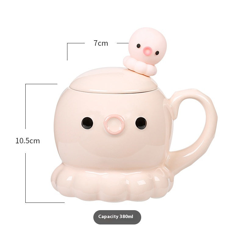 Cute Jellyfish Ceramic Coffee Mug with Cover and Spoon - 381ML