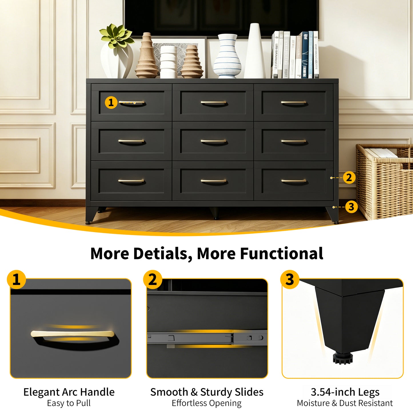 9-Drawer Metal Dresser for Bedroom - Black Storage Chest