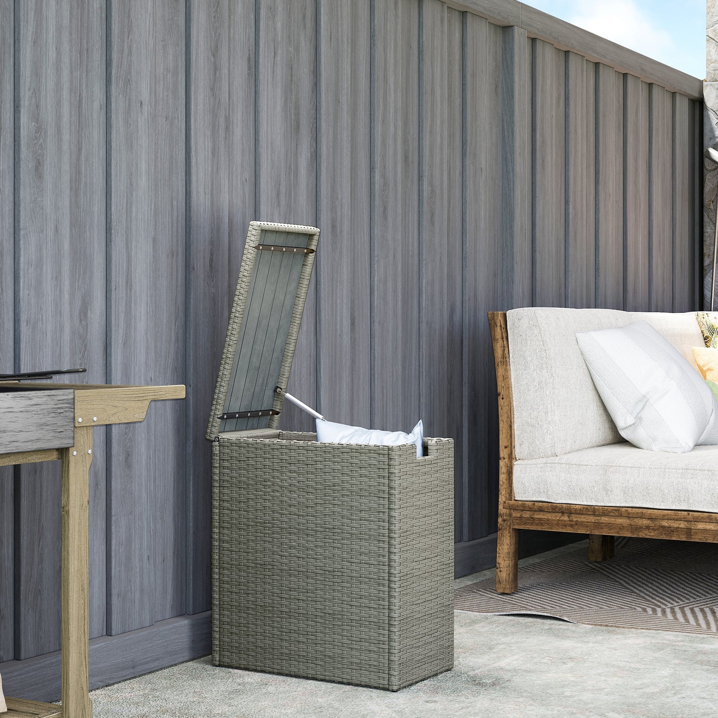 17-Gallon Wicker Outdoor Storage Box with Acacia Wood Top - Gray