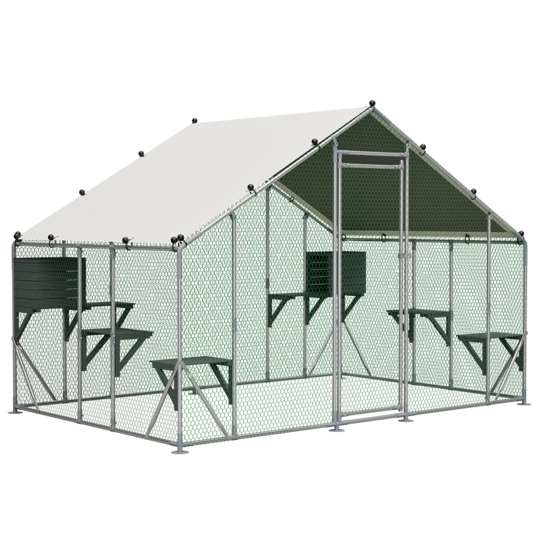 Outdoor Metal Cat Cage 3x2m with Solid Wood Platform Waterproof Tarp Safety Lock