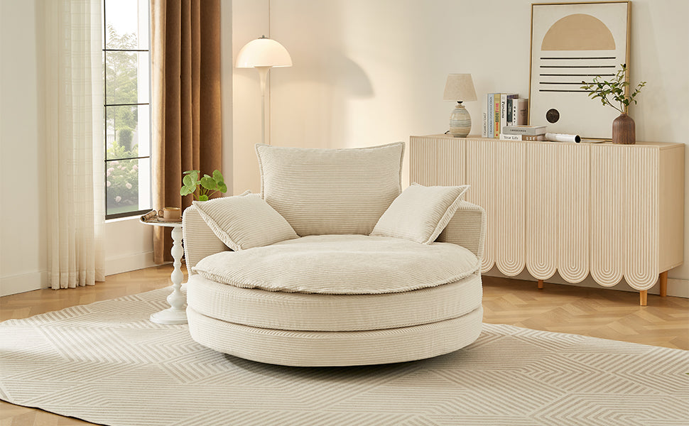Oversized 360° Swivel Accent Chair with Dual-Layer Cushion - Beige
