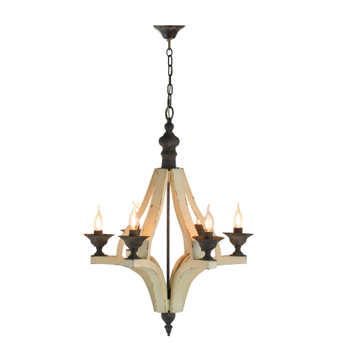 Wooden Chandelier with Adjustable Chain for Kitchen Dining Cream Finish - 6 Lights