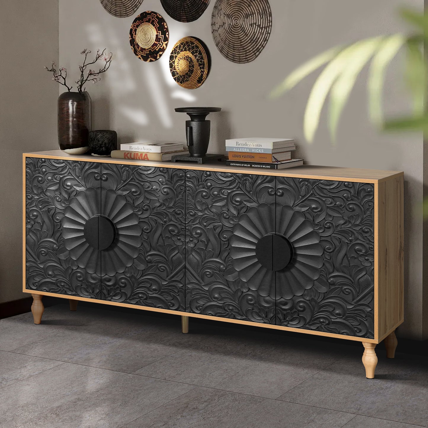 Black Carved Symmetrical Door with Wood-Coloured Frame - TV Stand