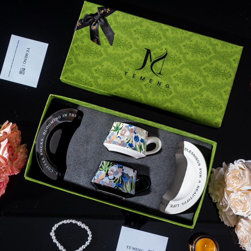 Elegant Iris Flower Ceramic Coffee Cup Set with Gift Box - Multiple Styles & Sizes