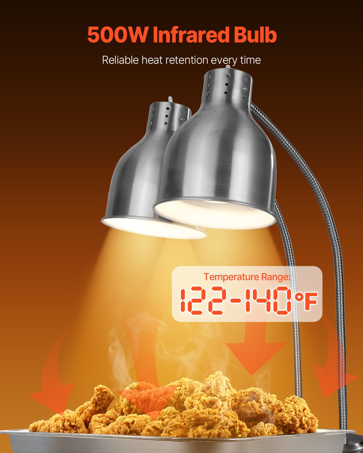Commercial 2-Head Food Heat Lamp for Restaurant & Buffet - Silver