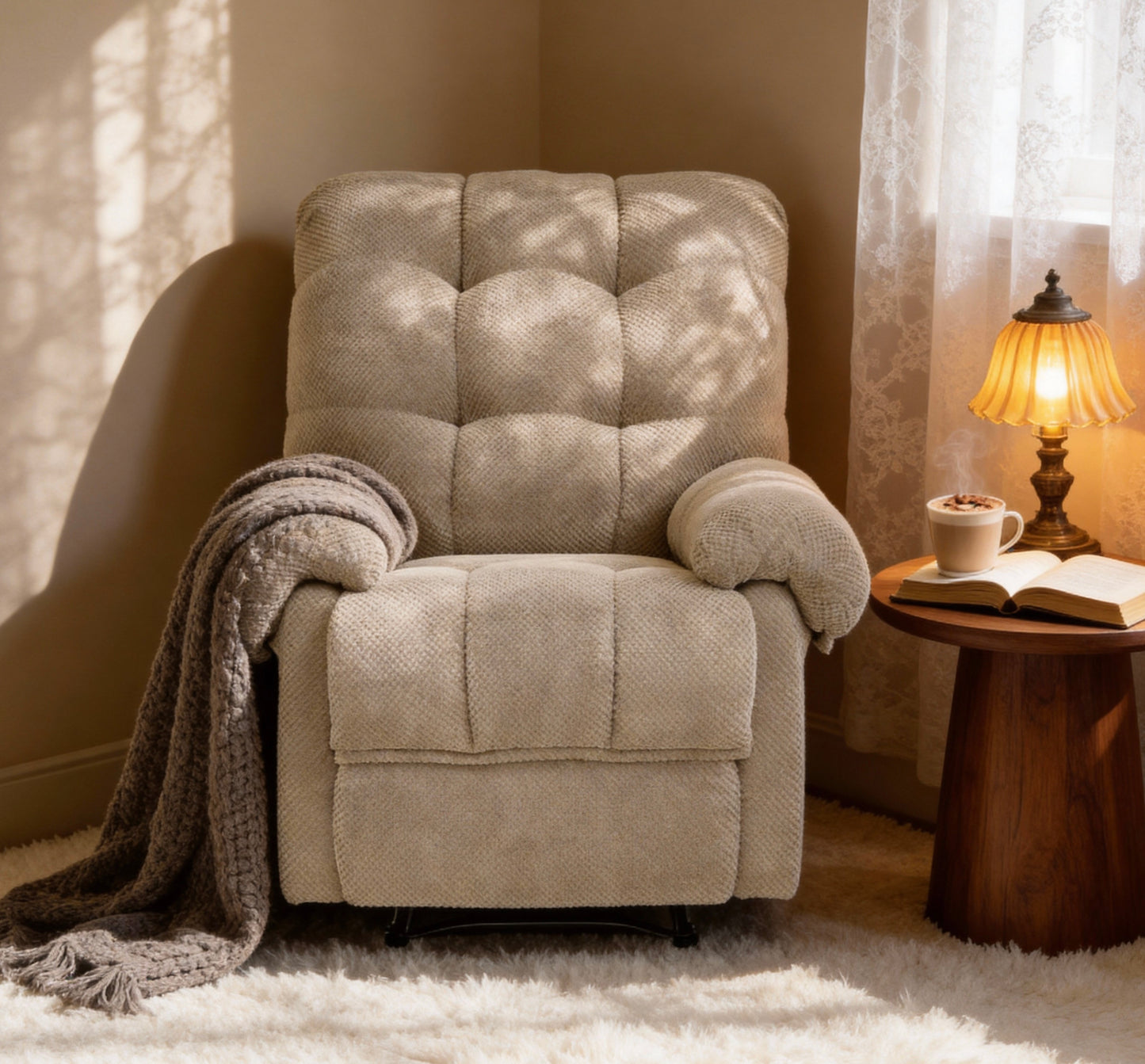 Overstuffed Recliner Chair - Camel Fabric Armchair with Footrest