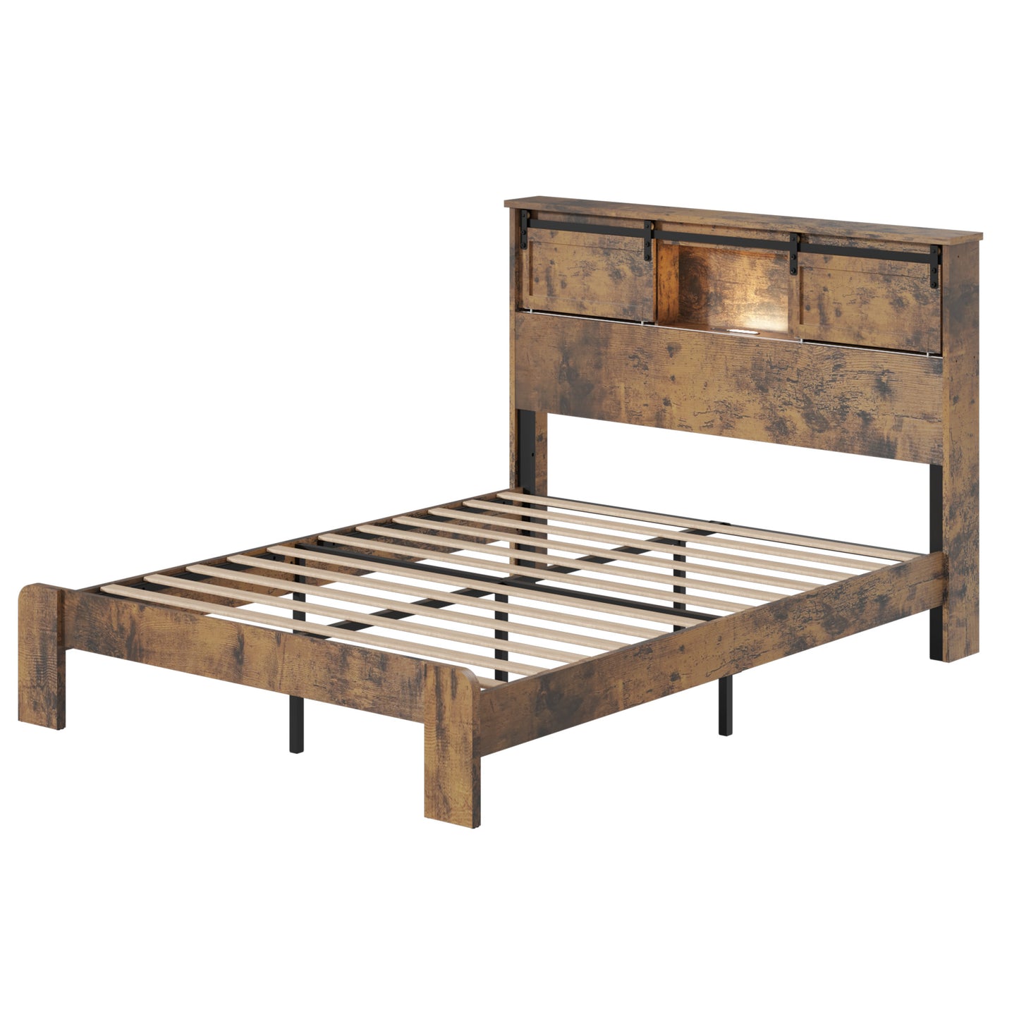 Queen Metal Platform Bed Frame with Charging Station - Dark Brown
