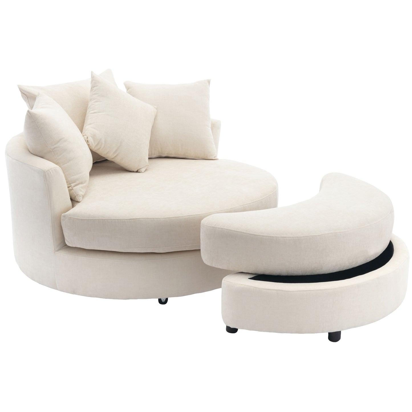 360° Swivel Accent Barrel Chair with Storage Ottoman & 4 Pillows - Cream