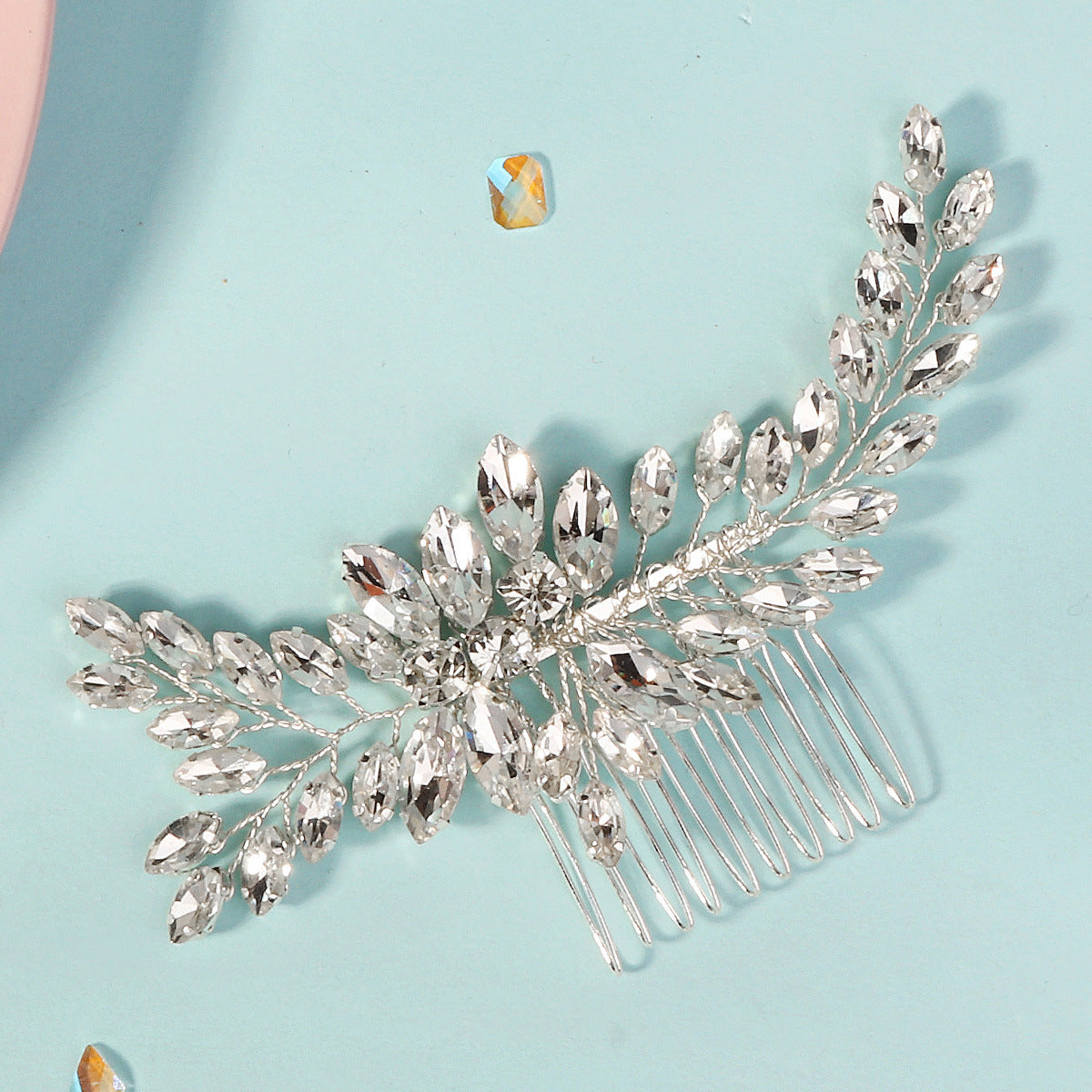 Rhinestone Leaf Hair Comb - Handmade Silver Hair Accessory for Women