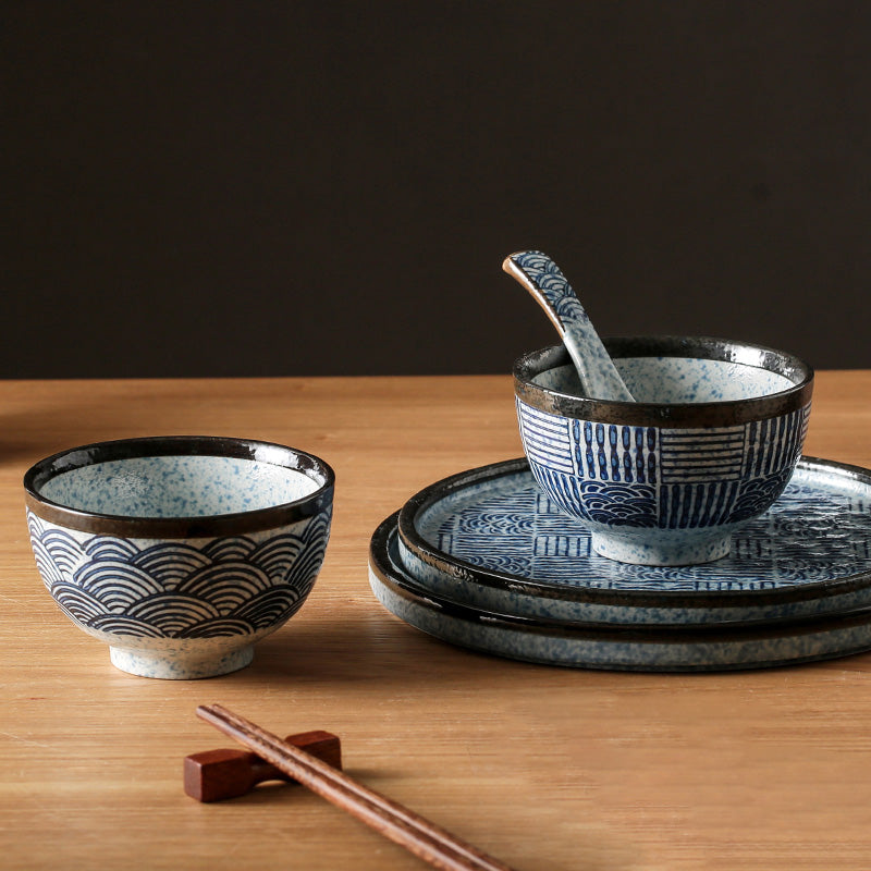 Cute Hand-Painted Porcelain Rice Bowl with Blue & White Sea Ripple Style