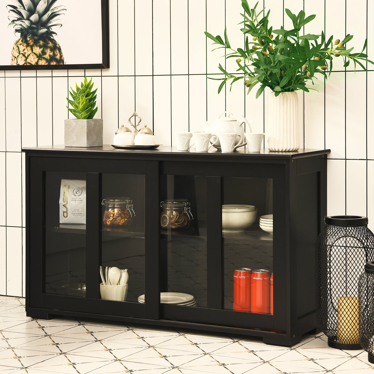 Kitchen Storage Cabinet with Glass Sliding Door - Black