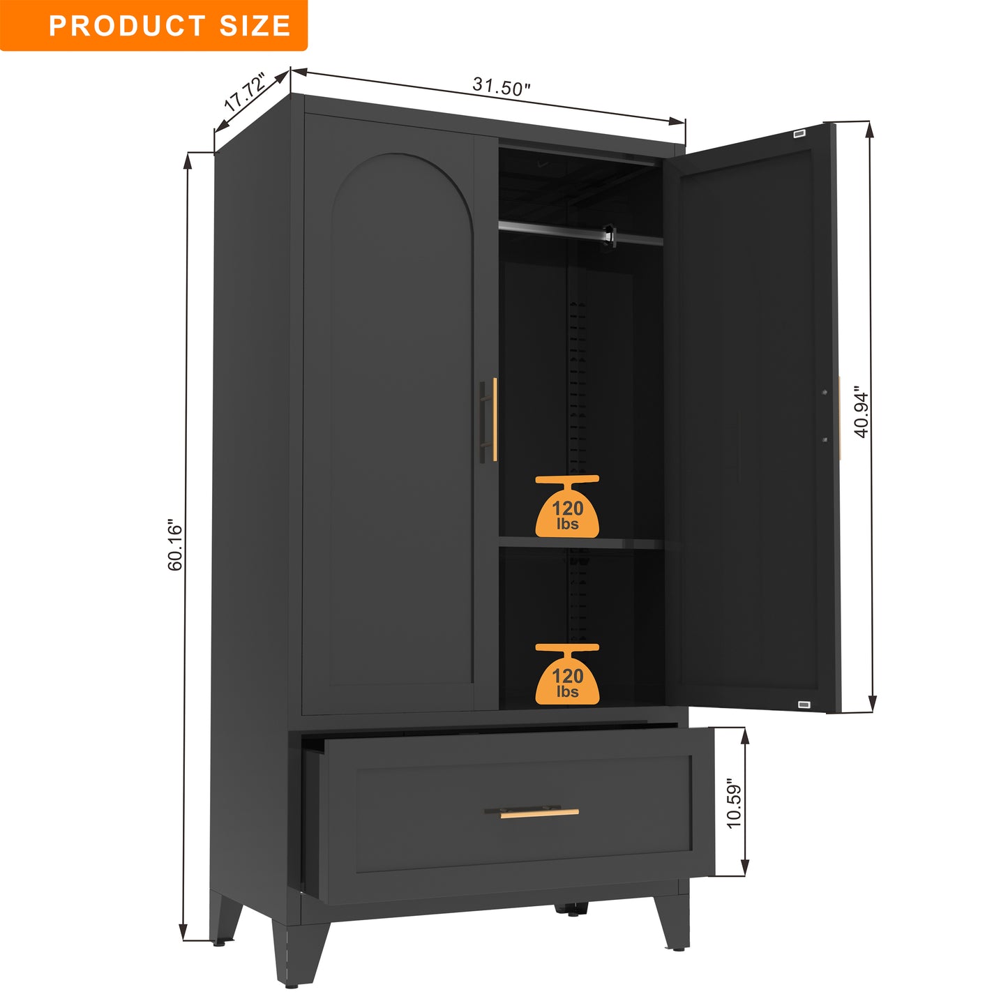 60-Inch Tall Metal Wardrobe Cabinet with Drawer and Shelf - Black