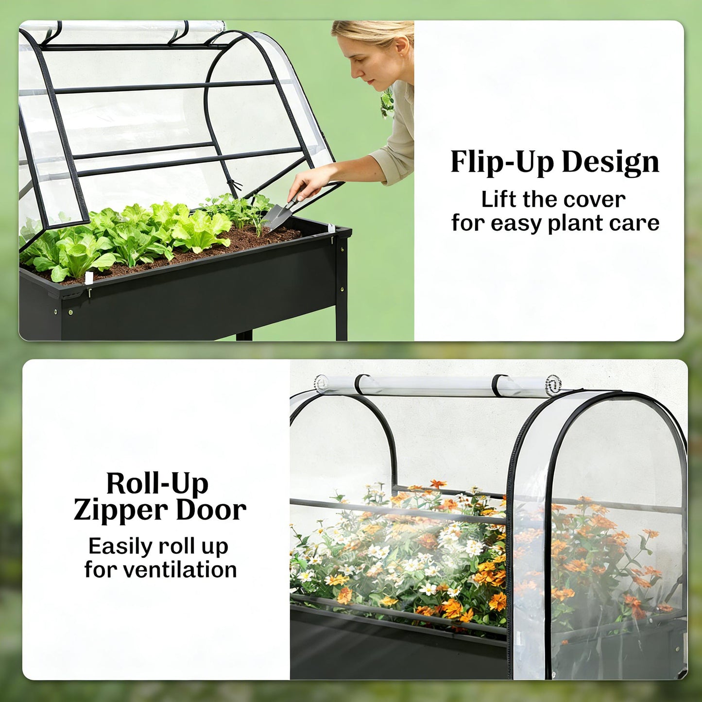 Raised Garden Bed with Mini Greenhouse - Black Planter Box
