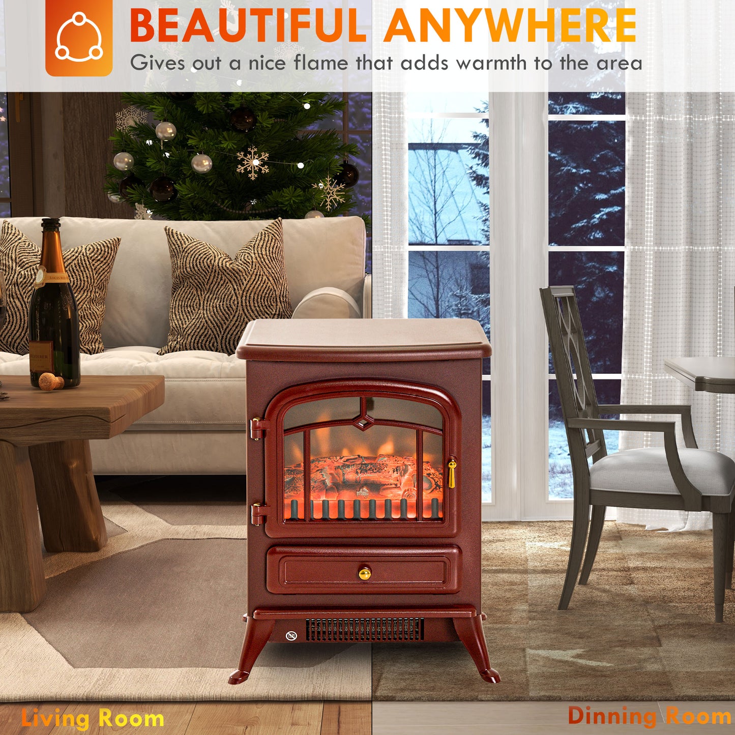 22-Inch Electric Fireplace Heater with Realistic LED Flames, Freestanding Stove, Overheat Protection - Red