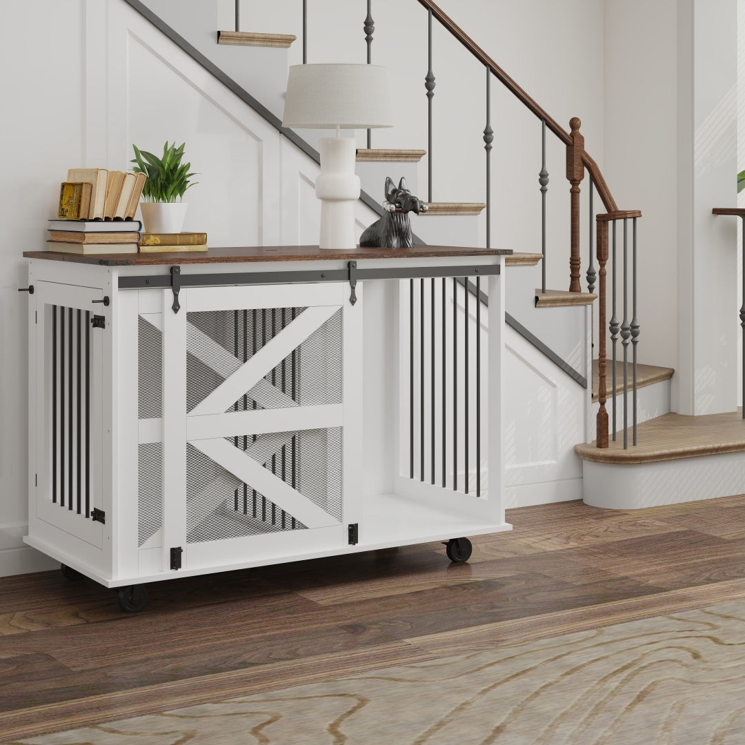 47.2-Inch Mobile Dog Crate with Flip-Top Feeding Door, Dual-Access & Casters