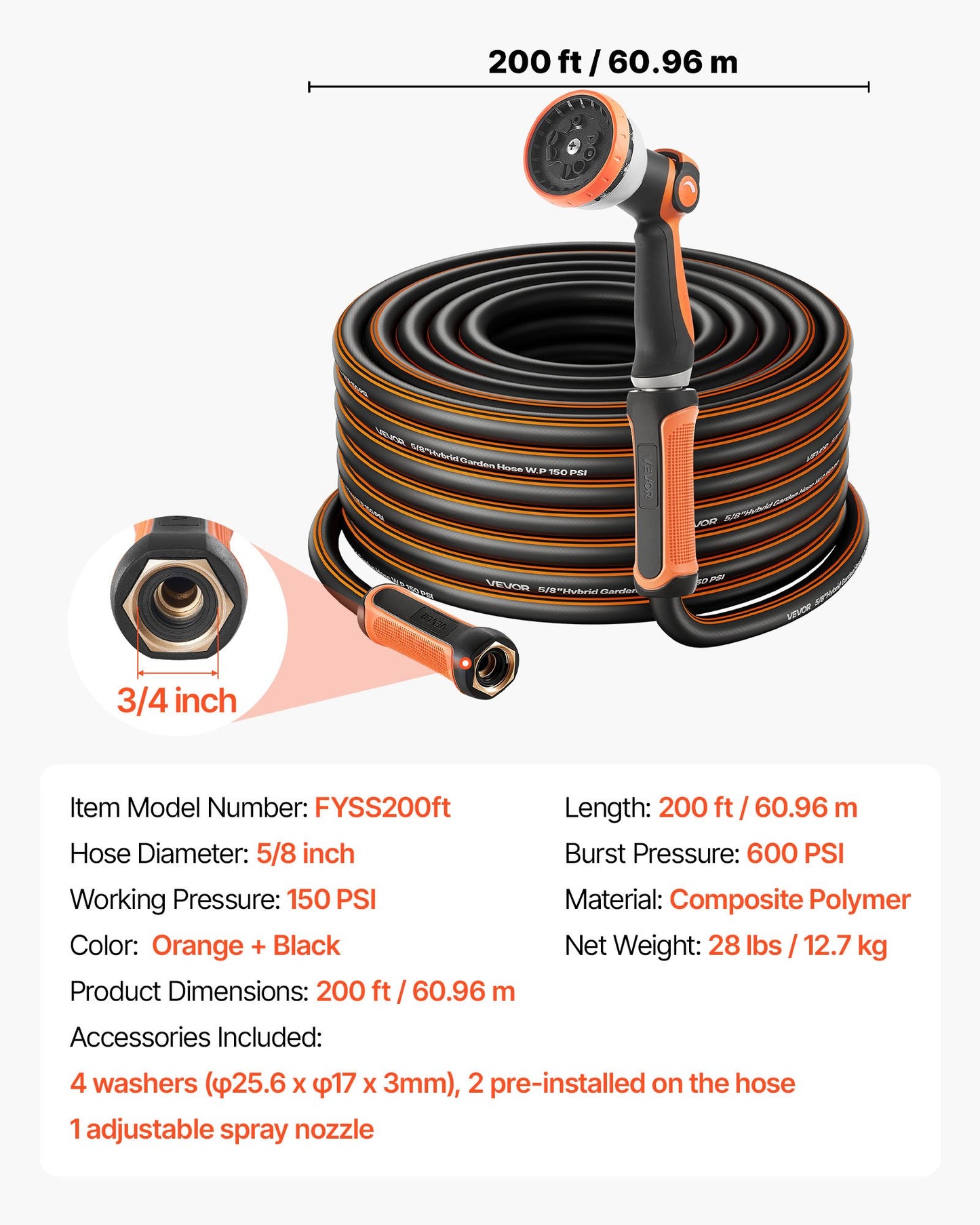 200 Ft Heavy Duty Rubber Garden Hose with 10-Pattern Nozzle, Leak-Proof Fittings
