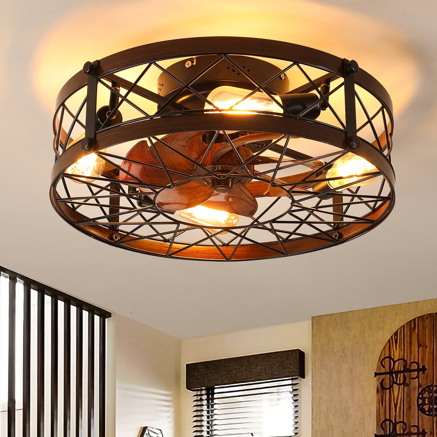 20-Inch Black Caged Ceiling Fan with Light Fixture - Farmhouse Style