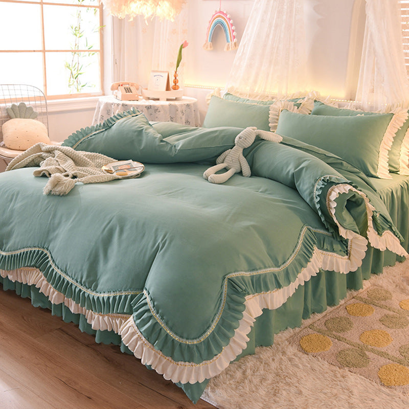 Luxury Four-Piece Lotus Leaf Lace Bed Sheet Duvet Cover Set with Bed Skirt