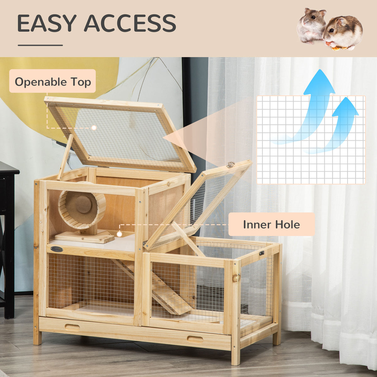 2-Tier Wooden Hamster Cage with Seesaw and Viewing Window - Small Animal Habitat