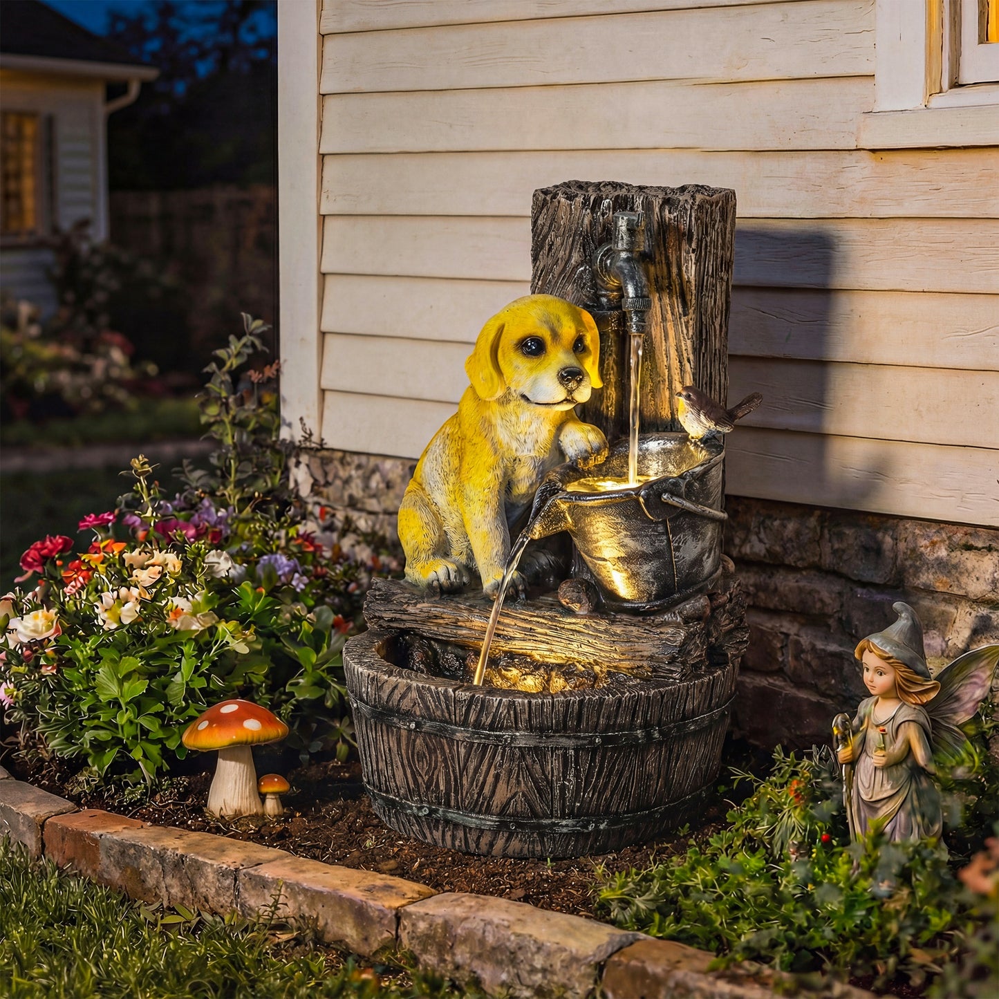 22-Inch Outdoor Fountain with Puppy Theme, Resin Garden Water Feature with LED Lights