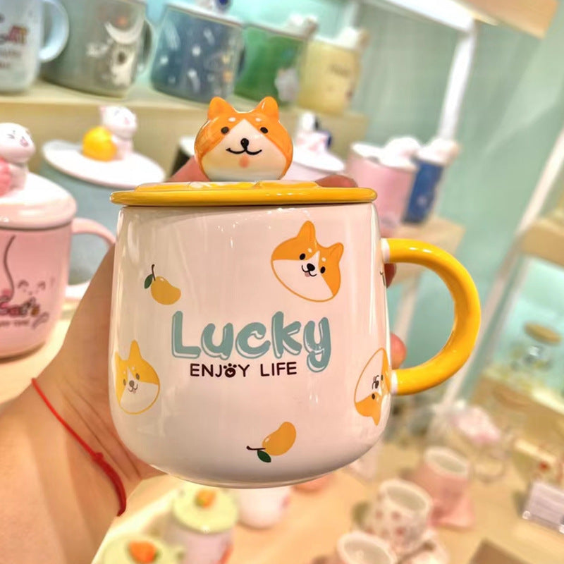 Cute Cartoon Ceramic Mug with Lid and Spoon - 4 Styles, 301-400ml