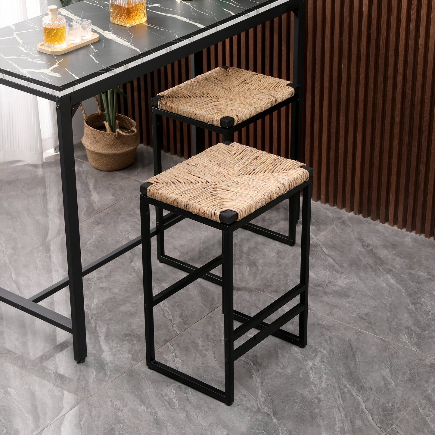 Set of 2 Natural Water Hyacinth Backless Bar Stools with Footrest