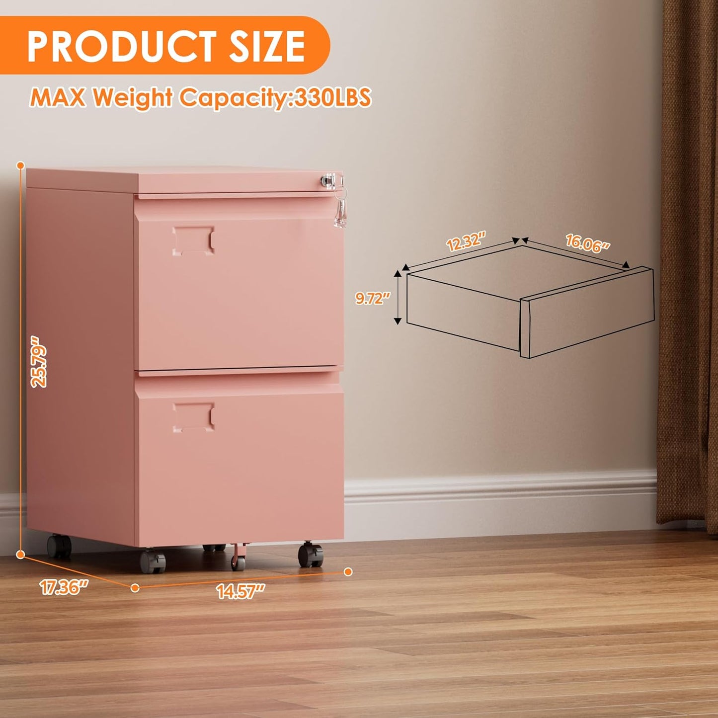 2-Drawer Mobile File Cabinet with Lock - Pink