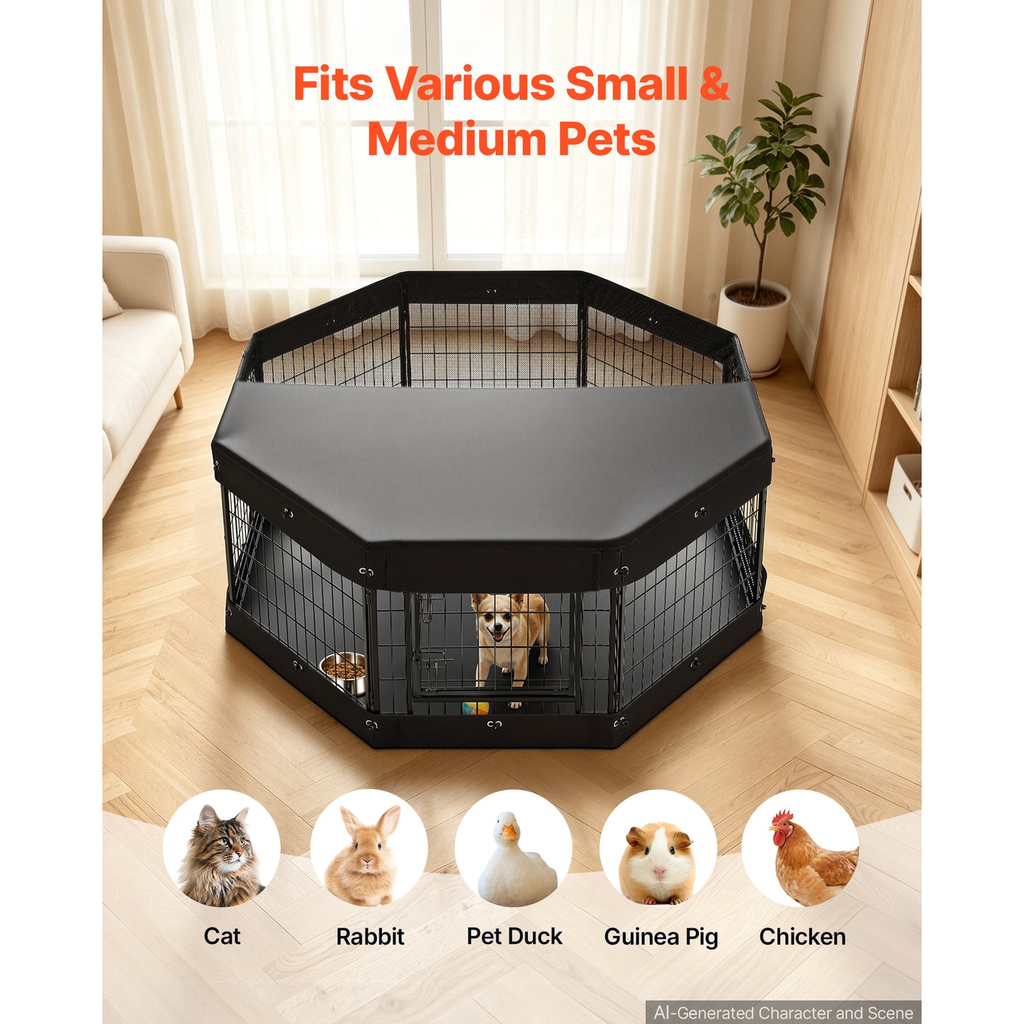 Heavy Duty Dog Playpen 24 Inch with Top Cover & Bottom Pad - Indoor Pet Fence, Foldable Metal Exercise Pen for Dogs, Cats & Small Animals, Black