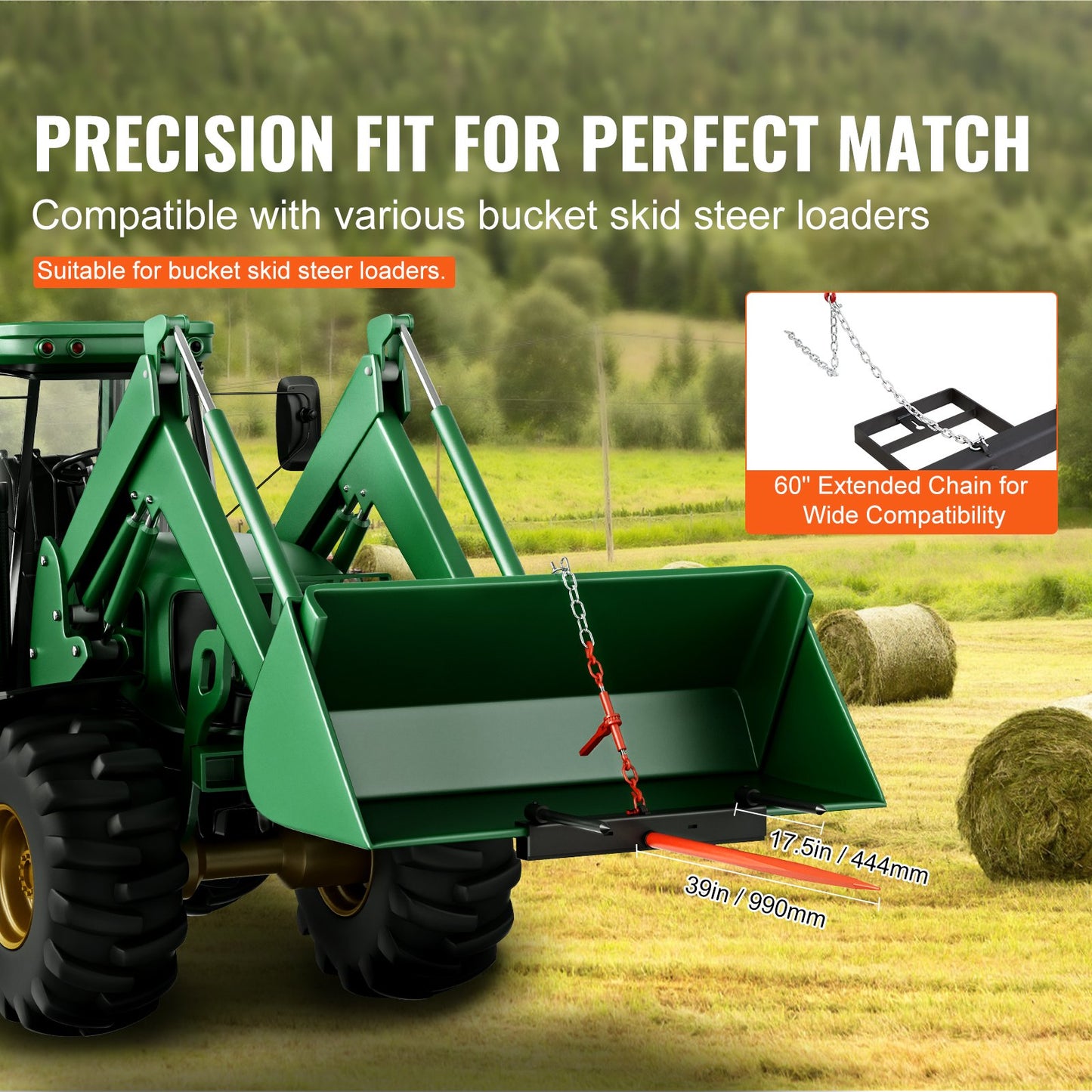 39' Hay Spear Bale Fork Loader Attachment 1600lbs Capacity with Chain & Stabilizers