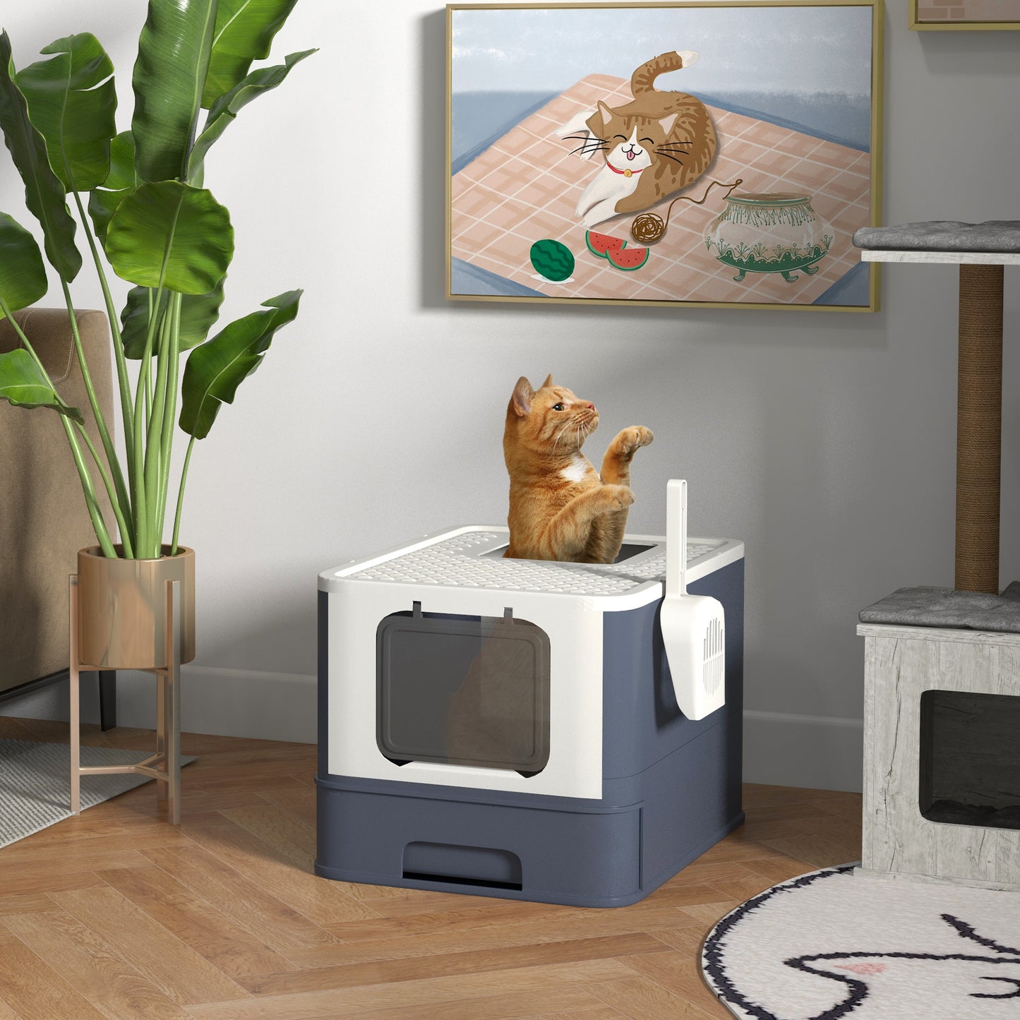 Large White Cat Litter Box with Lid, Scoop & Top Exit for Easy Cleaning