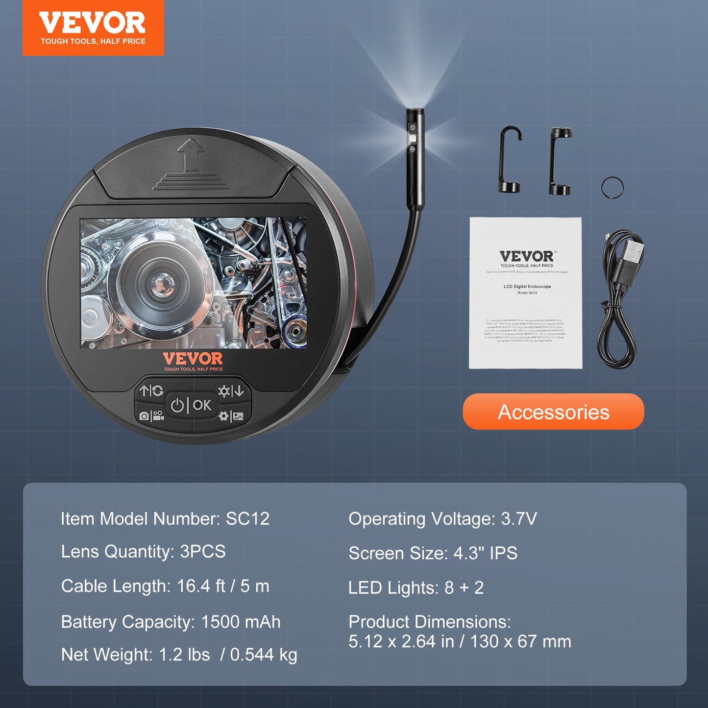 Triple Lens Endoscope Camera with 4.3 Inch Screen and Lights