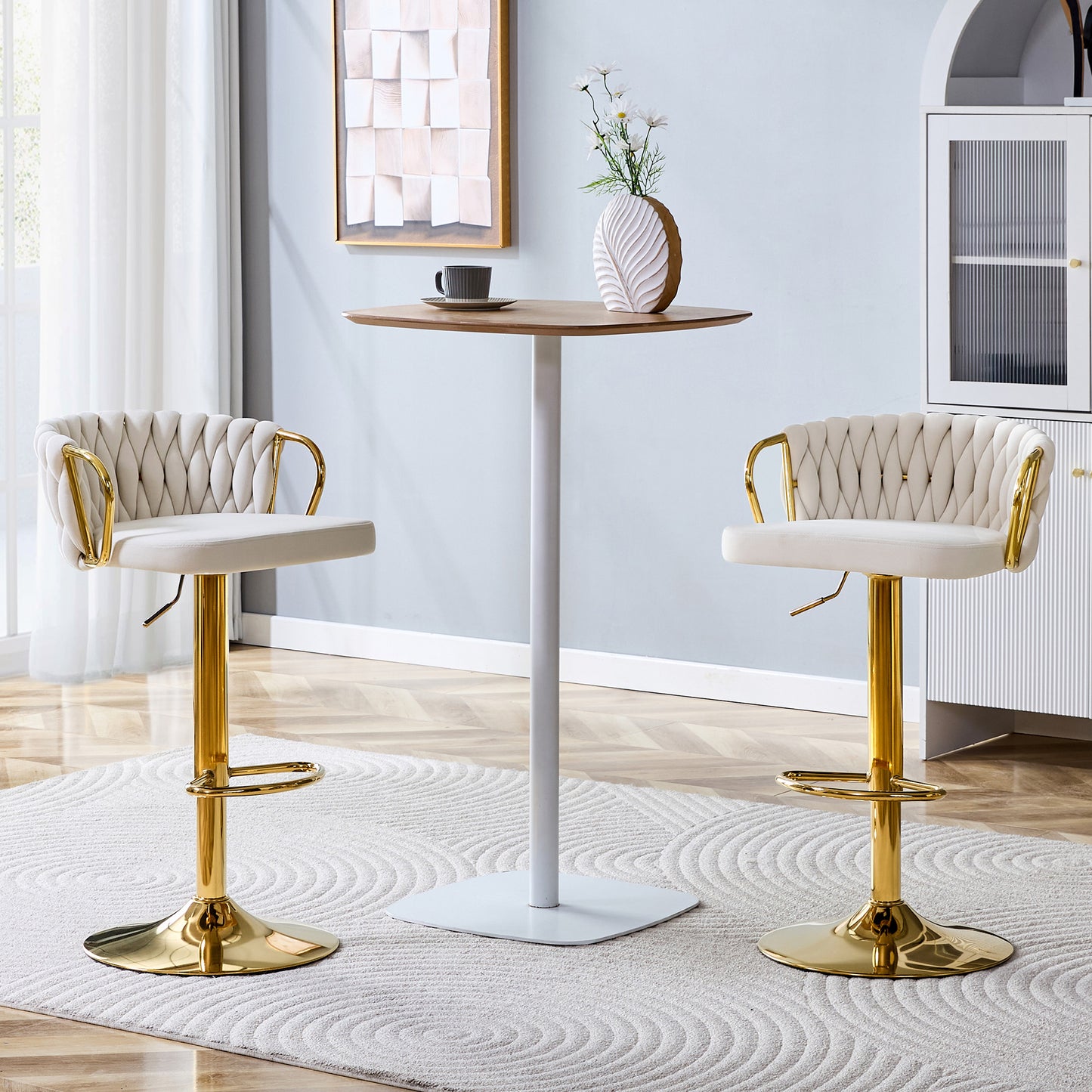 Set of 2 Velvet Braided Adjustable Bar Stools - Beige & Gold