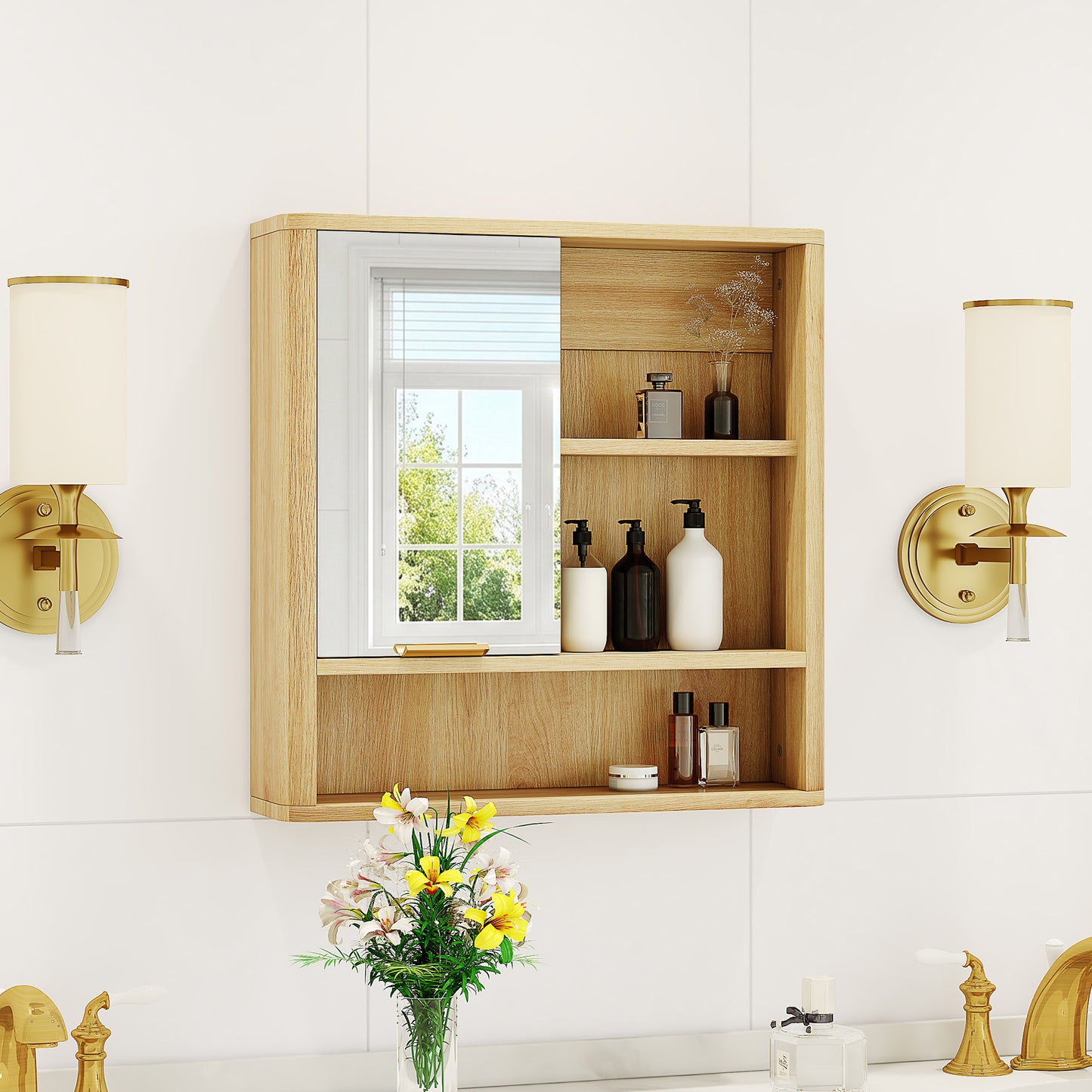 Wall Mounted Mirror Cabinet - Natural Wood Finish MDF Organizer
