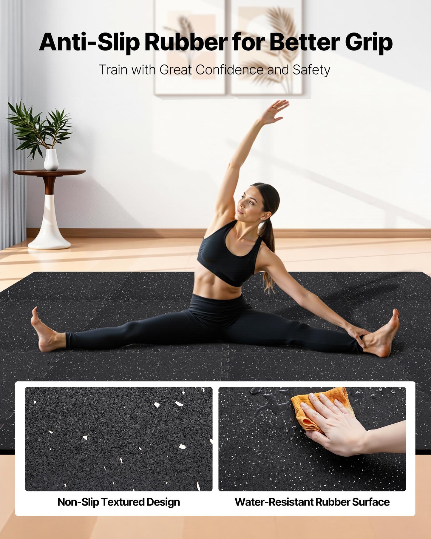 Puzzle Exercise Mat 12 pcs Black Foam Interlocking Gym Floor Tiles - Home & Office