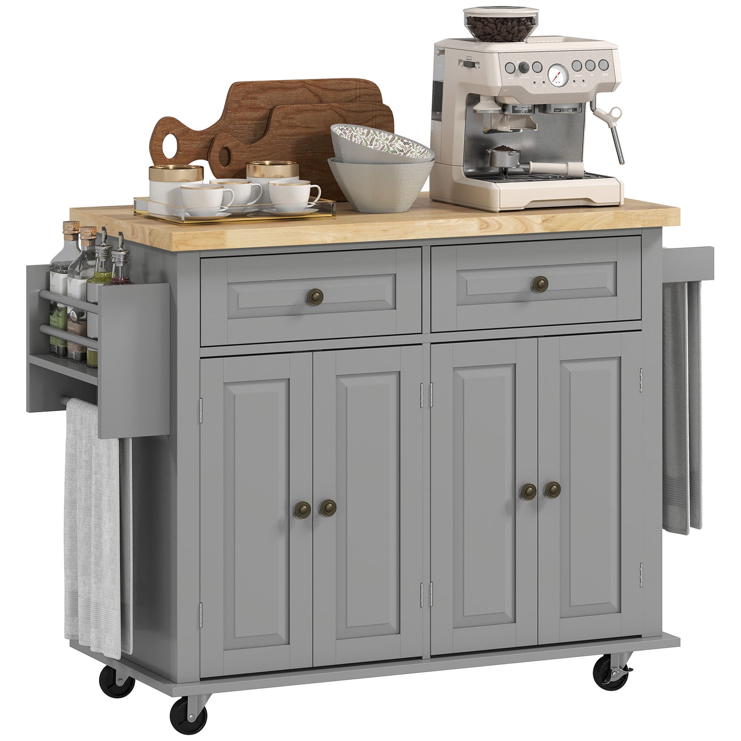 Rolling Kitchen Island Cart with Drawers & Spice Rack - Gray