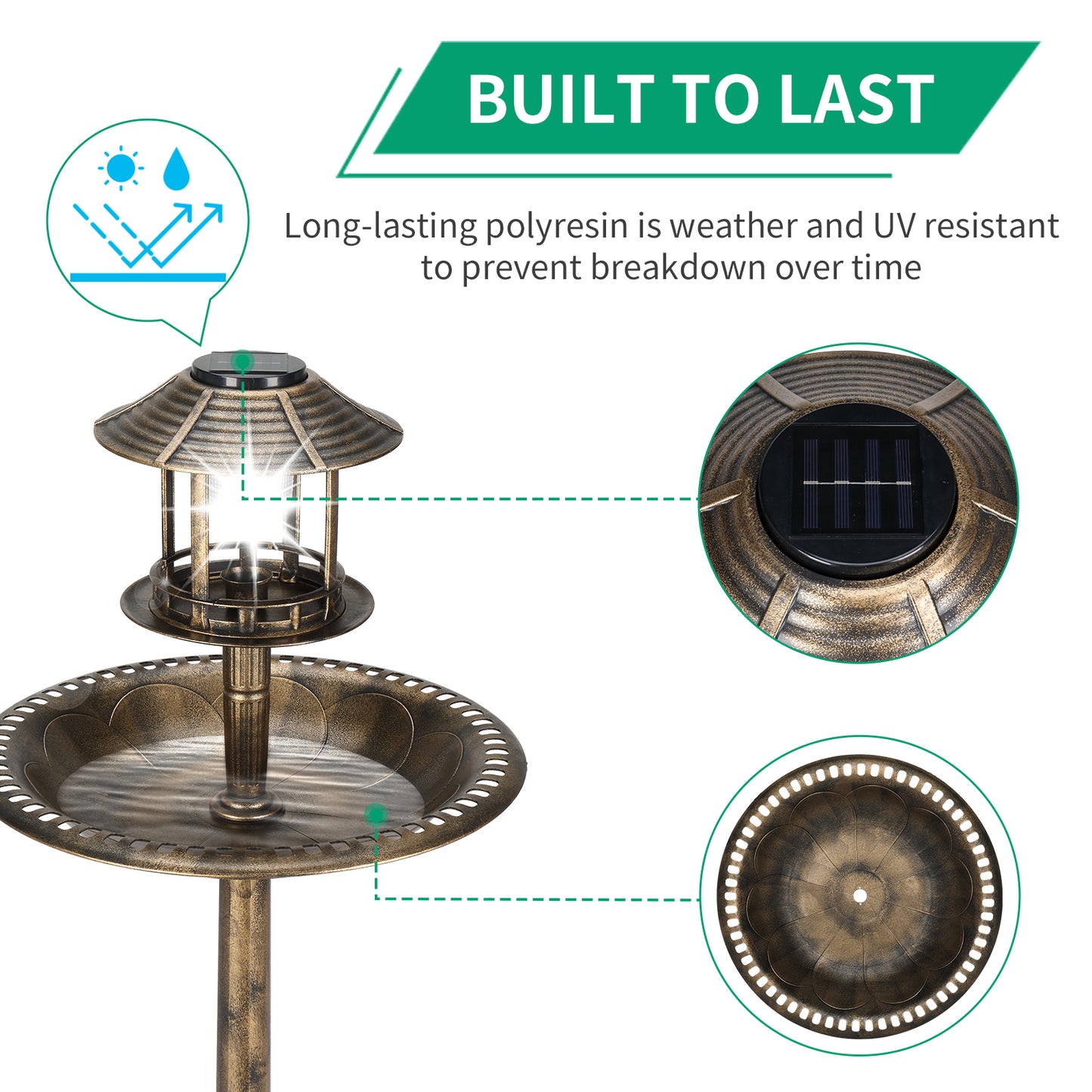 Solar Bird Bath with Bronze Finish - Outdoor Garden Decor 51x51x107cm