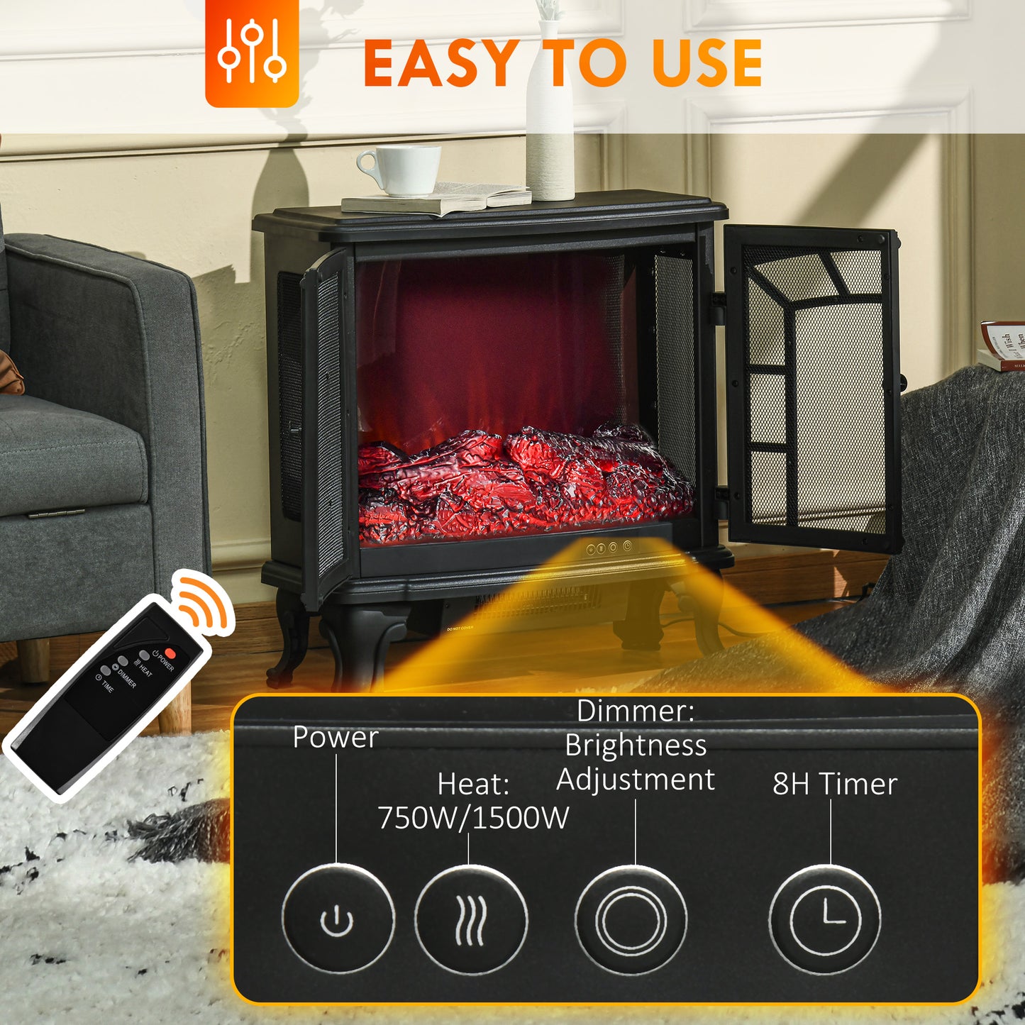 27-Inch Electric Fireplace Heater with Remote & Adjustable Brightness