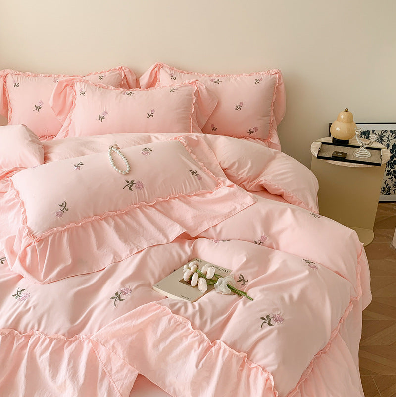 Embroidery Bedding Set with Washed Cotton and Brushed Hair - Four Piece Bed Linen