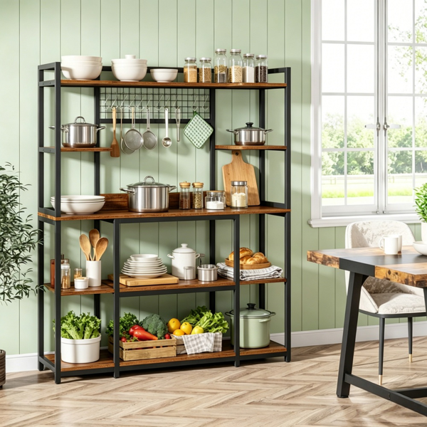 Large 5-Tier Bakers Rack with Hooks - Black & Brown