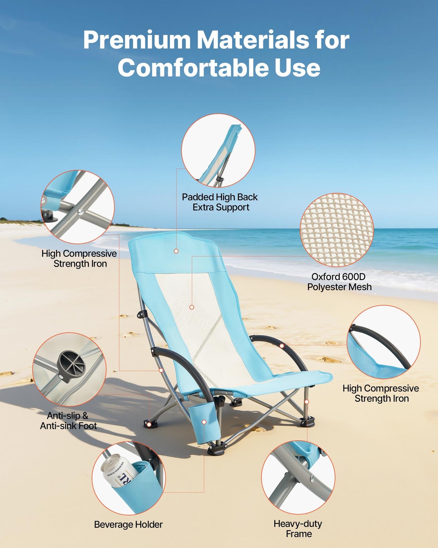 Heavy Duty Folding Beach Chair with High Back, Cup Holder, Mesh Support, Portable Blue