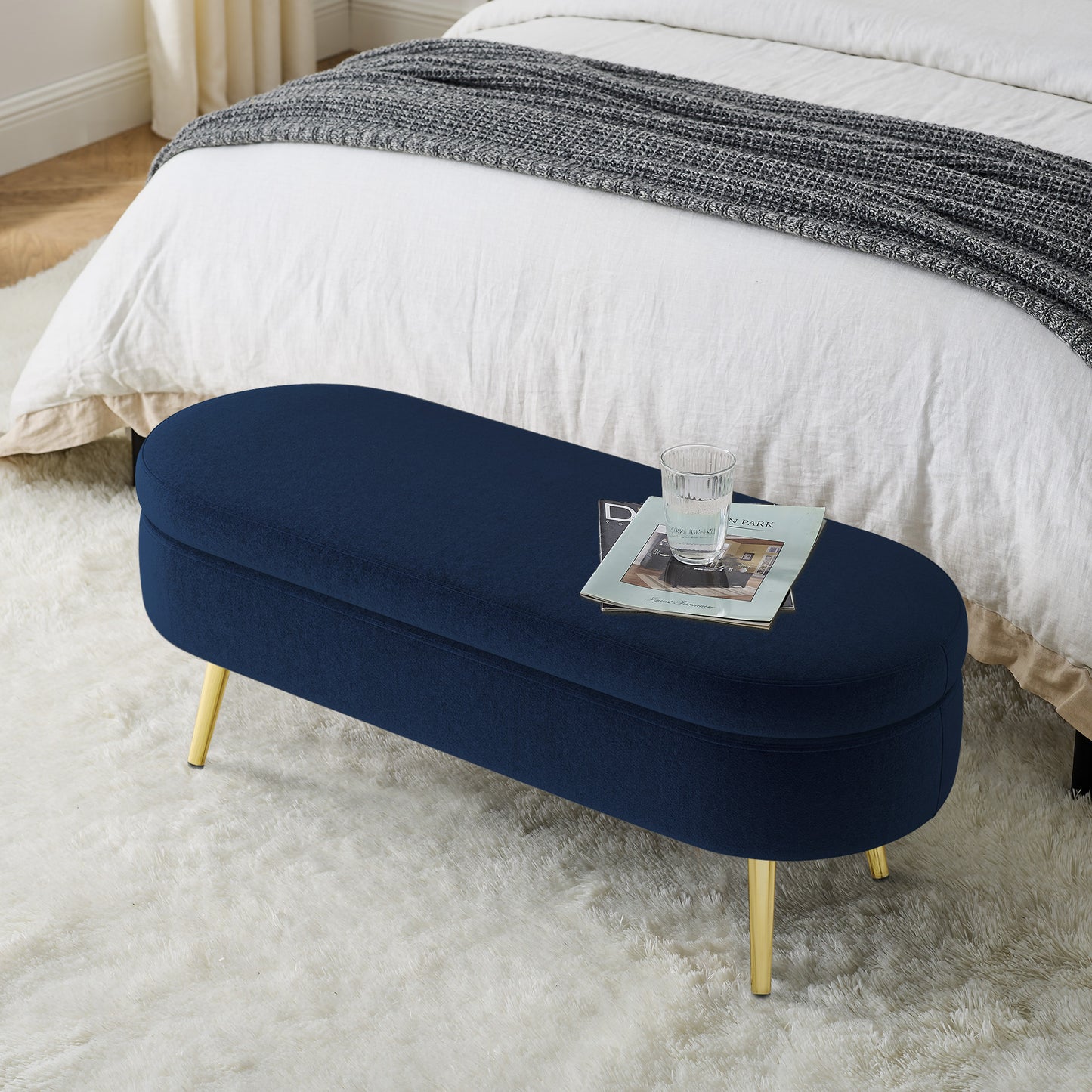Ottoman Storage Bench - Dark Blue Flannel with Metal Legs